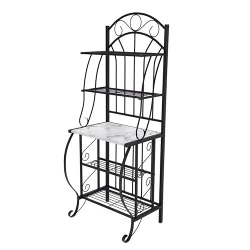 Elegant Black Metal Baker’s Rack Faux Marble Top, Five-Tier Storage