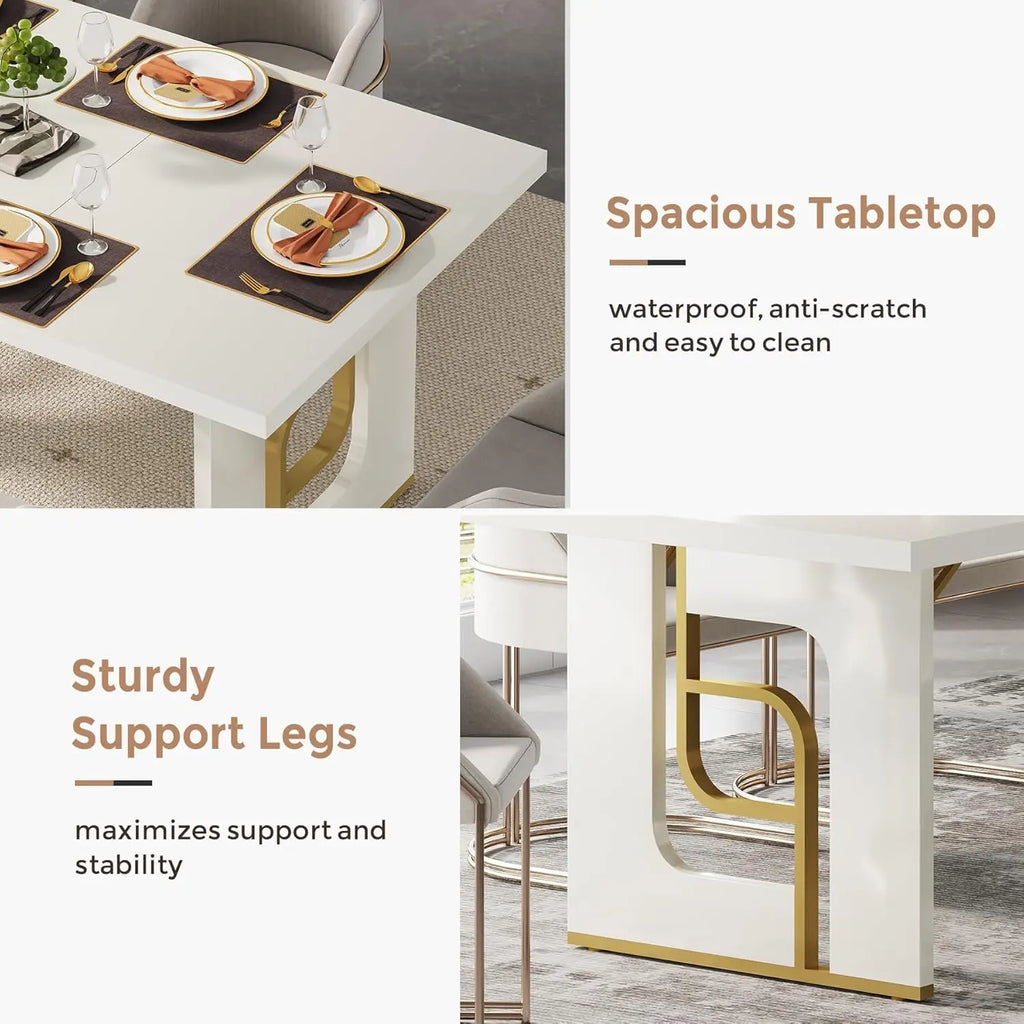 71'' Dining Table Seats 6-8, Metal Legs, Beige Gold, Black