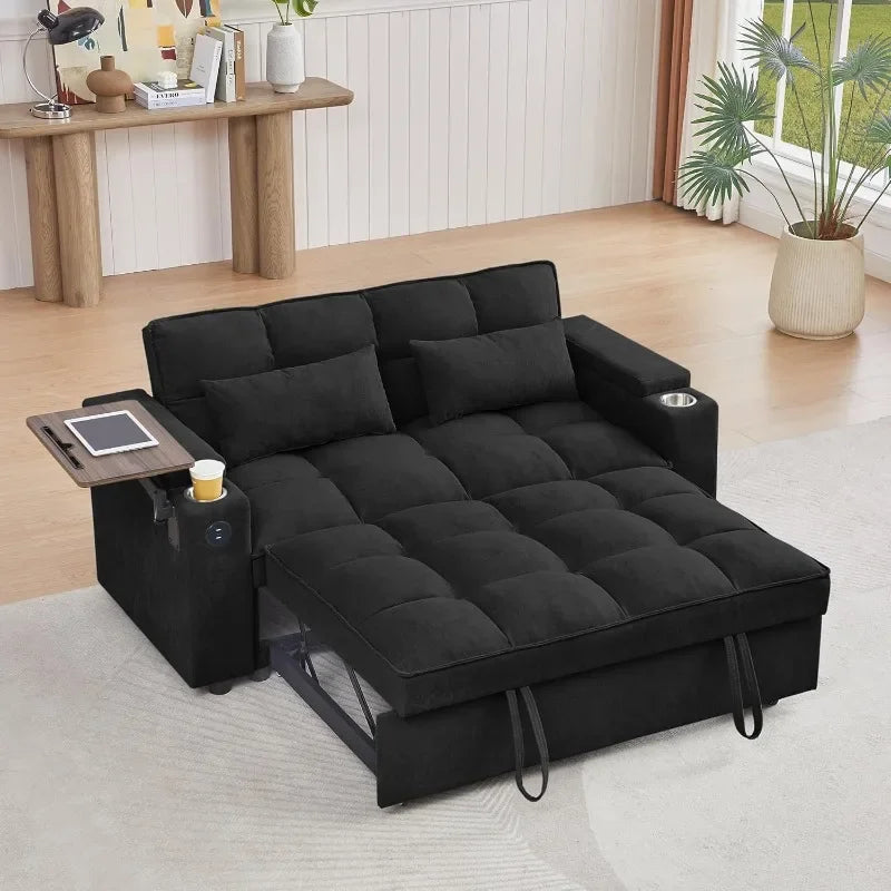 65'' 3-in-1 Folding, Pullout, Convertible Sofa Bed, 360° Swivel Side Table