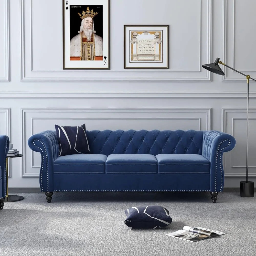 3-Piece Set, Velvet Chesterfield Sofa, Loveseat, Chair with Scroll Arms