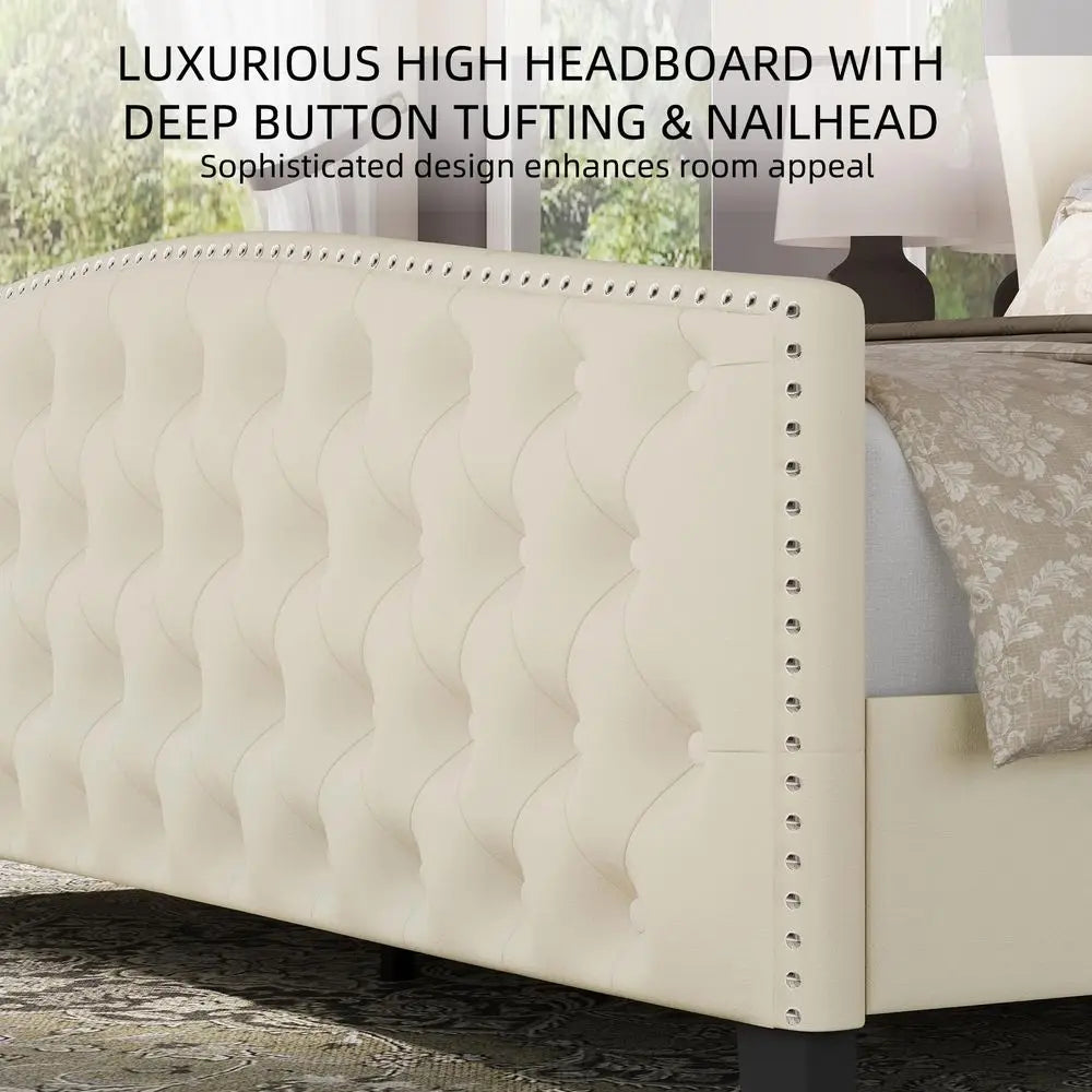 Queen Size Frame Velvet Beige Tufted/Deep Button Platform Wingback Headboard, Footboard