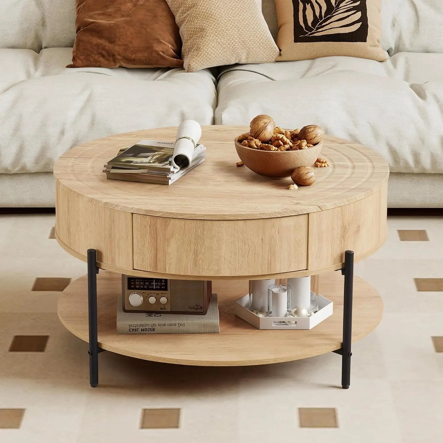 Round Coffee Table, 2-Drawer 2-Tier Rustic Wood Desktop Shelf