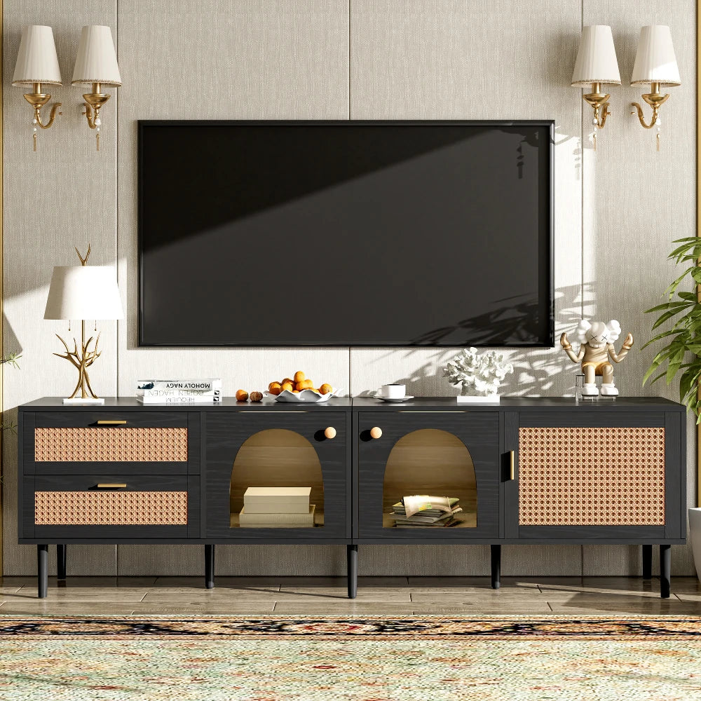Rattan-inspired Media Console, 3 Cabinets, 2 Drawers for TVs up to 80'' LED Light