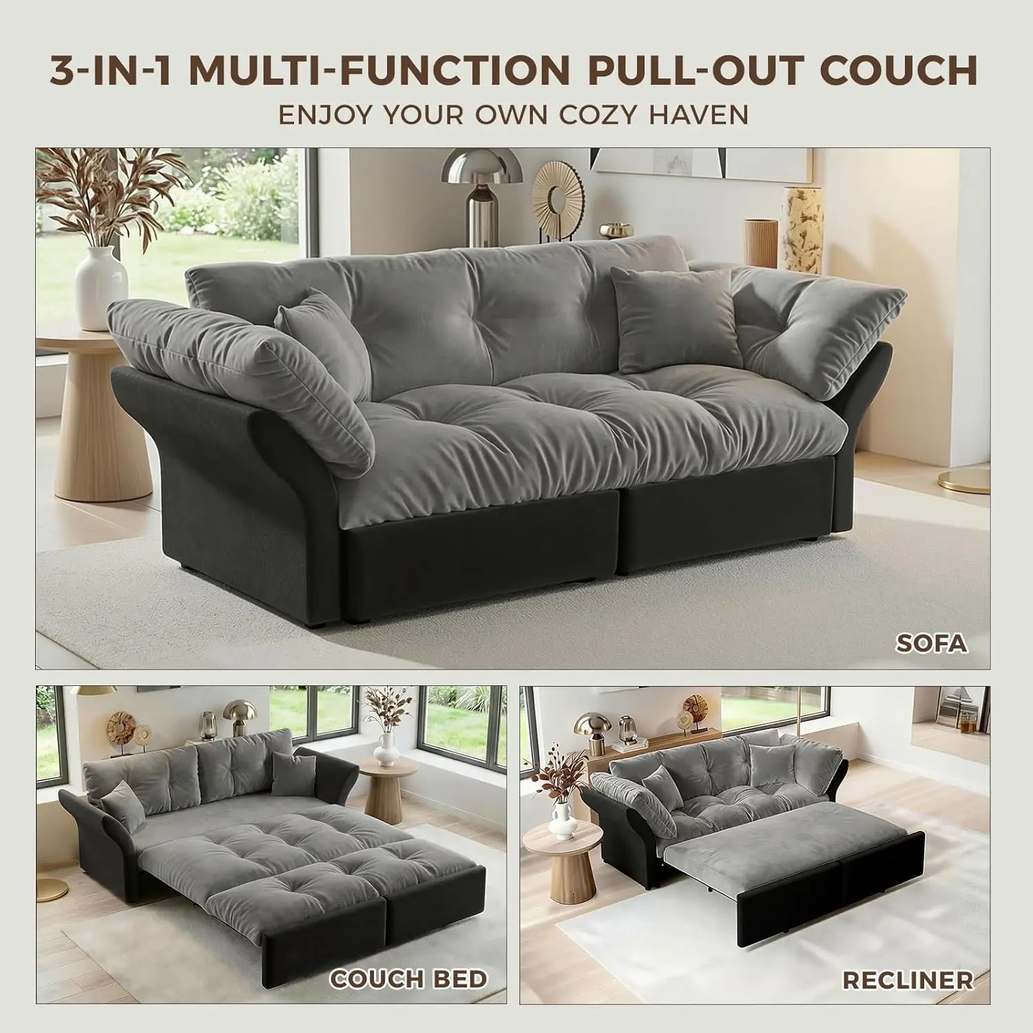 74.8" 3-in-1 Queen Velvet Convertible Pull-Out Sofa Bed, Pockets