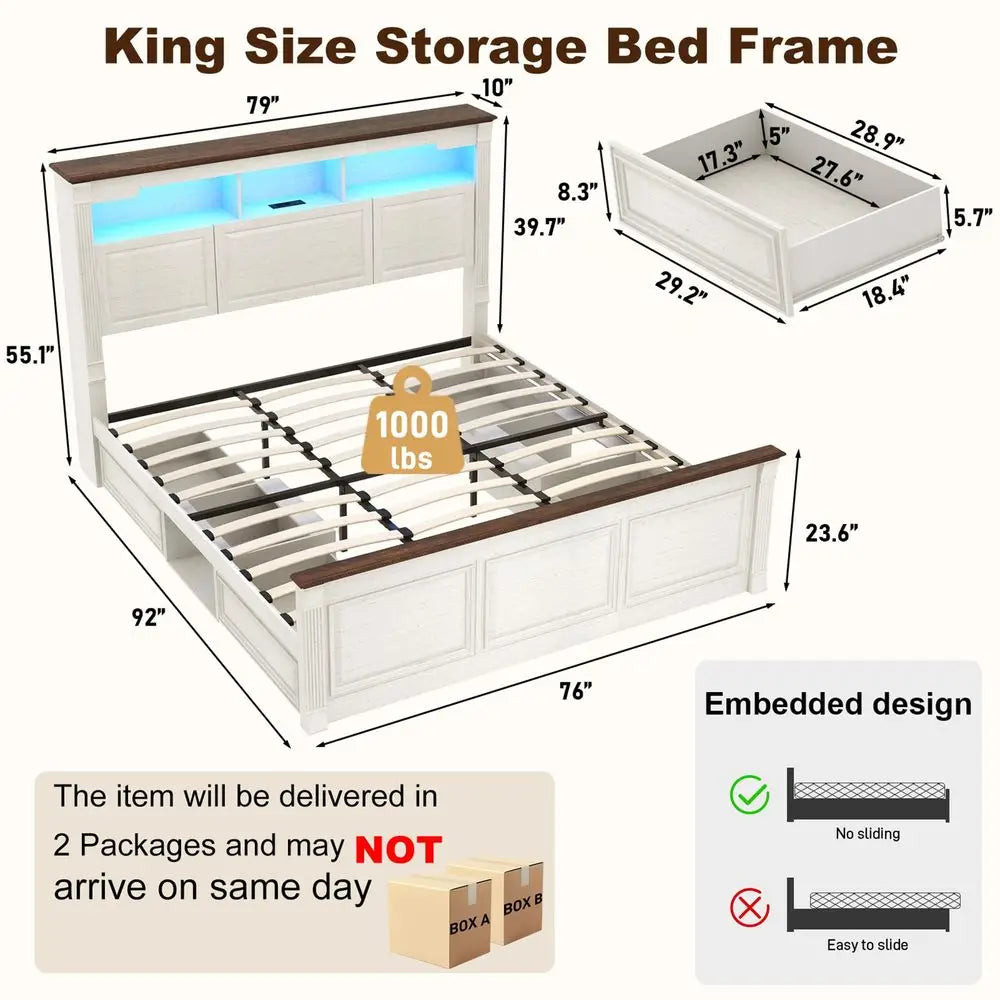 King Size Bed Frame 55" Tall Storage Headboard, 4 Drawers, 24" Tall Footboard