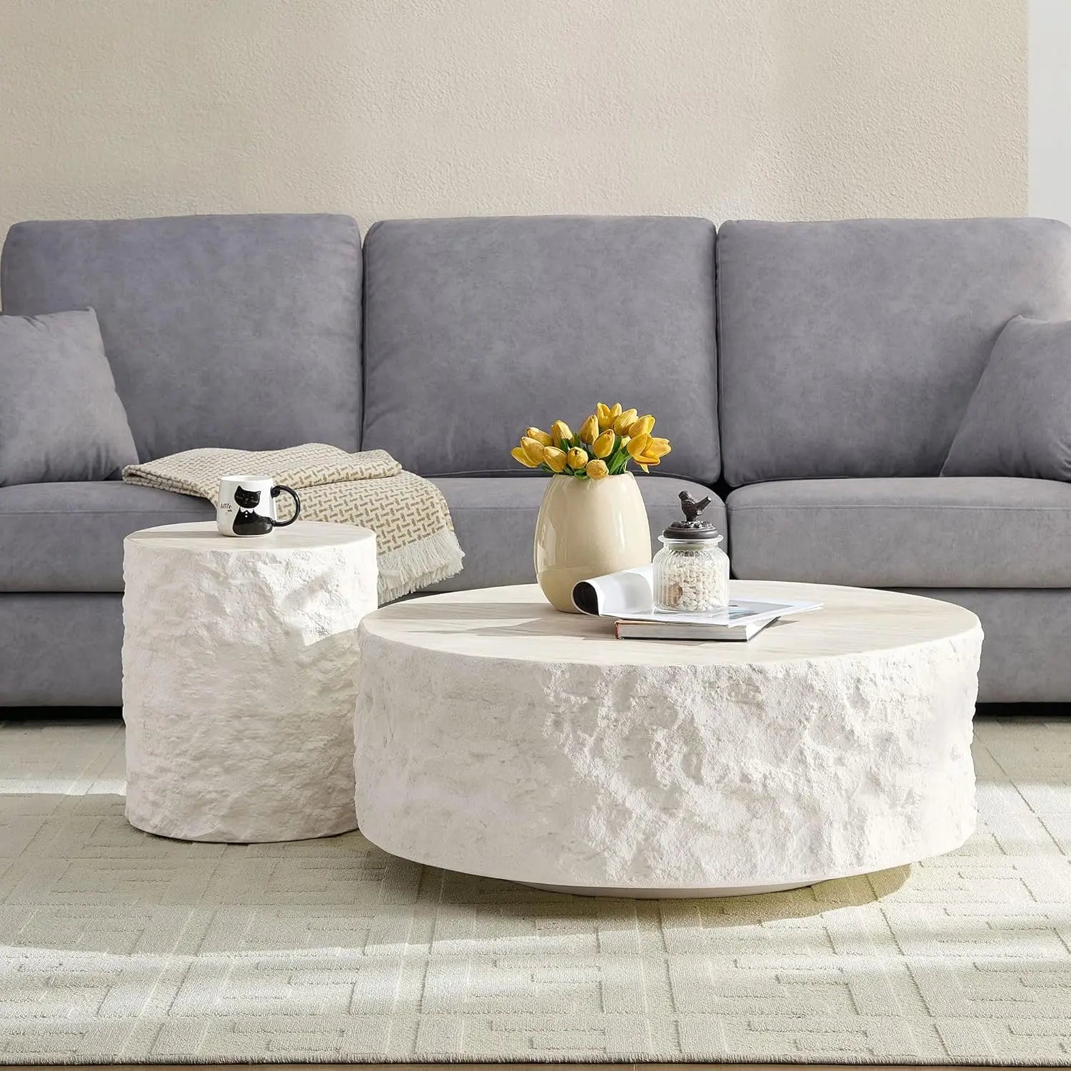 Set of 2 Round Coffee Table, Marble Grain Circke NestingTable