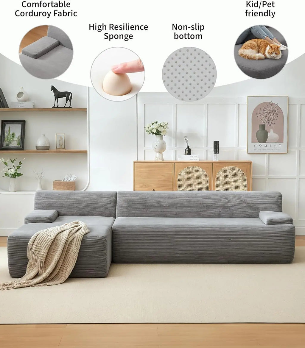 108"  Boneless Corduroy Cloud Sectional Sofa, Left-Facing Chaise, Soft Deep Lounger
