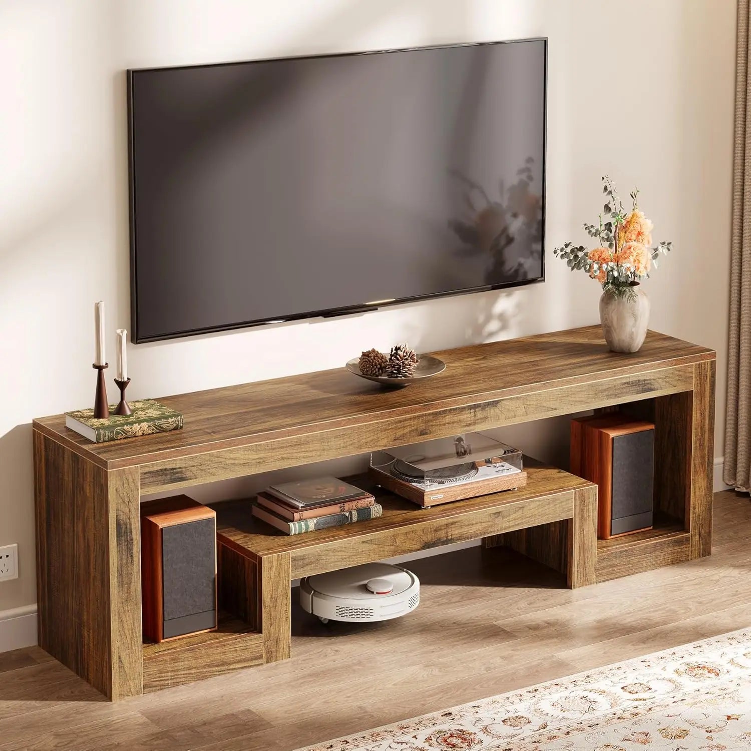 63IN Wood TV Stand Entertainment Center Open Storage Shelves