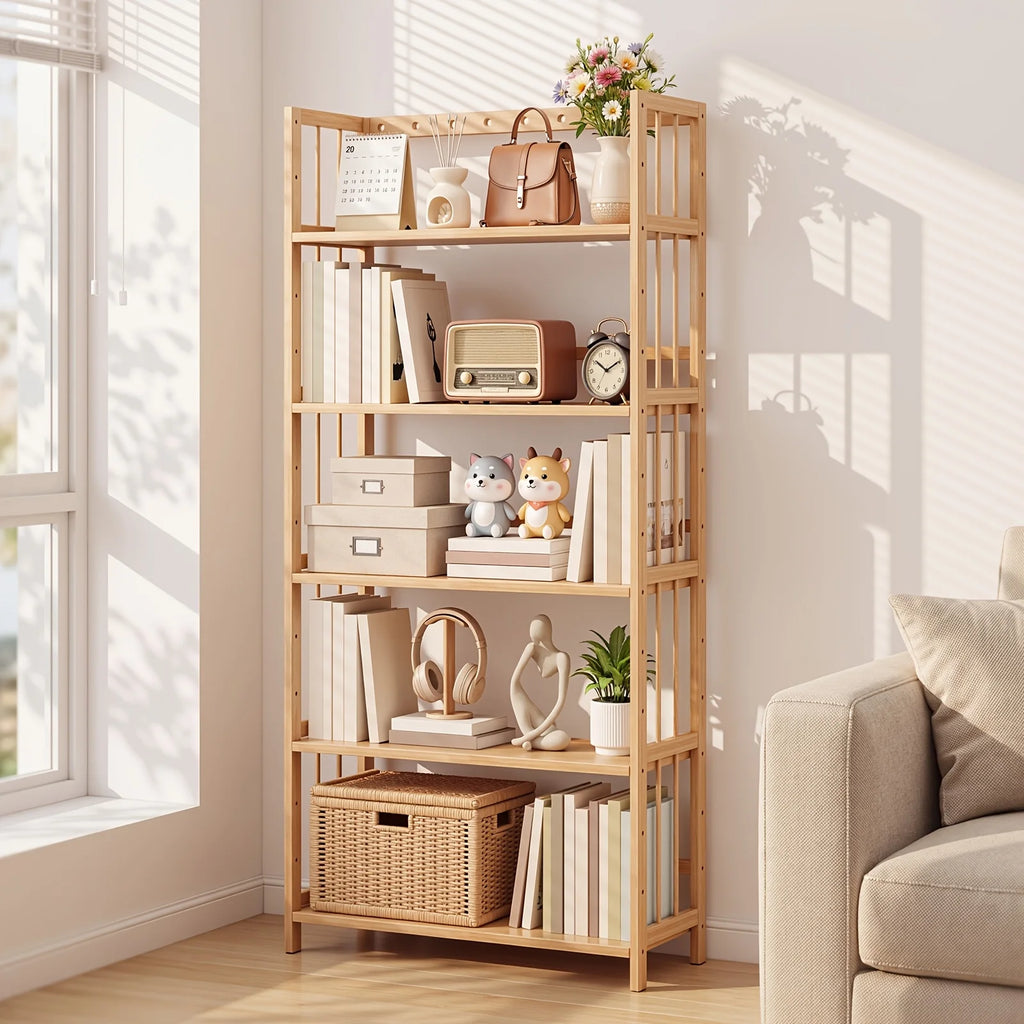 Bamboo Bookshelf Adjustable Narrow 4 or 5 Tier, Natural Organizer for Small Spaces