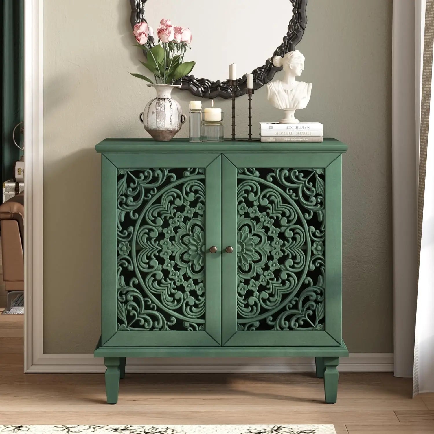 60" Blue Sideboard Buffet 4-Door Hollow Storage Shelf Vintage Console