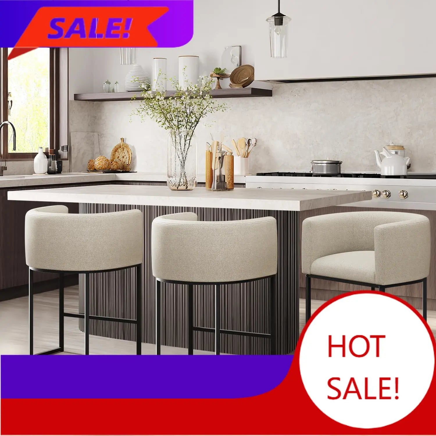 Counter Height Bar Stools, Set-of-3, 24IN Seat Height, Fabric Upholstered