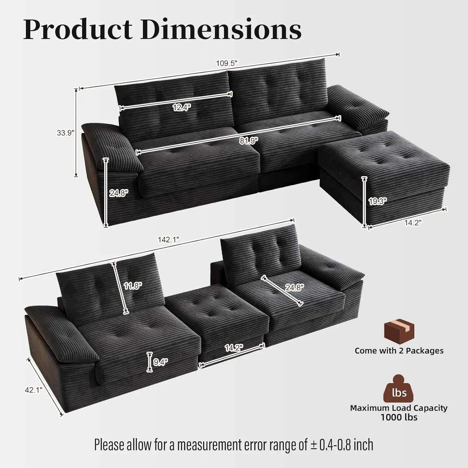 Compressed Convertible Sofa Bed, Thick Corduroy Fabric