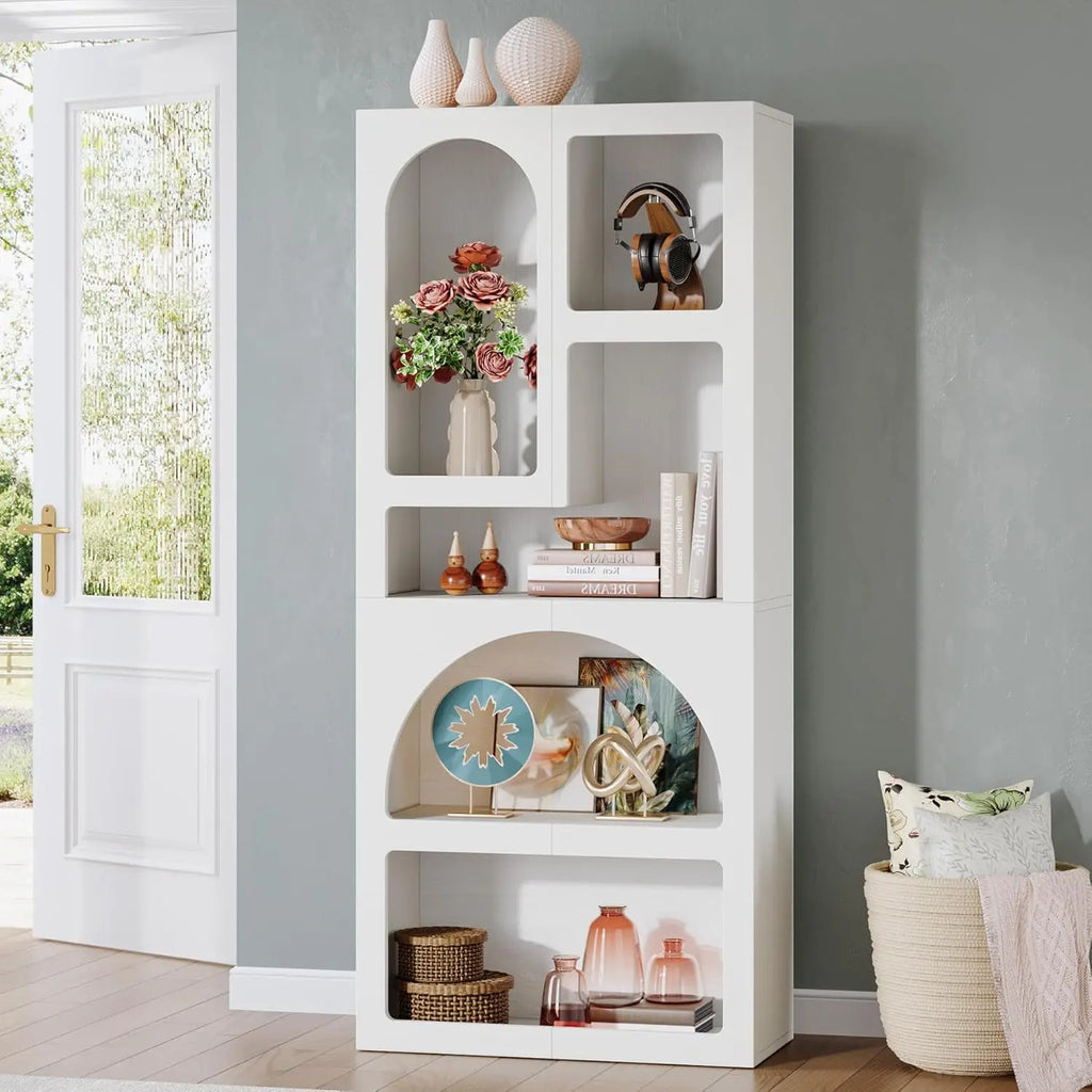 70.87" Tall Geometric Bookshelf, White Arched Bookcase, 5 Irregular Shelves