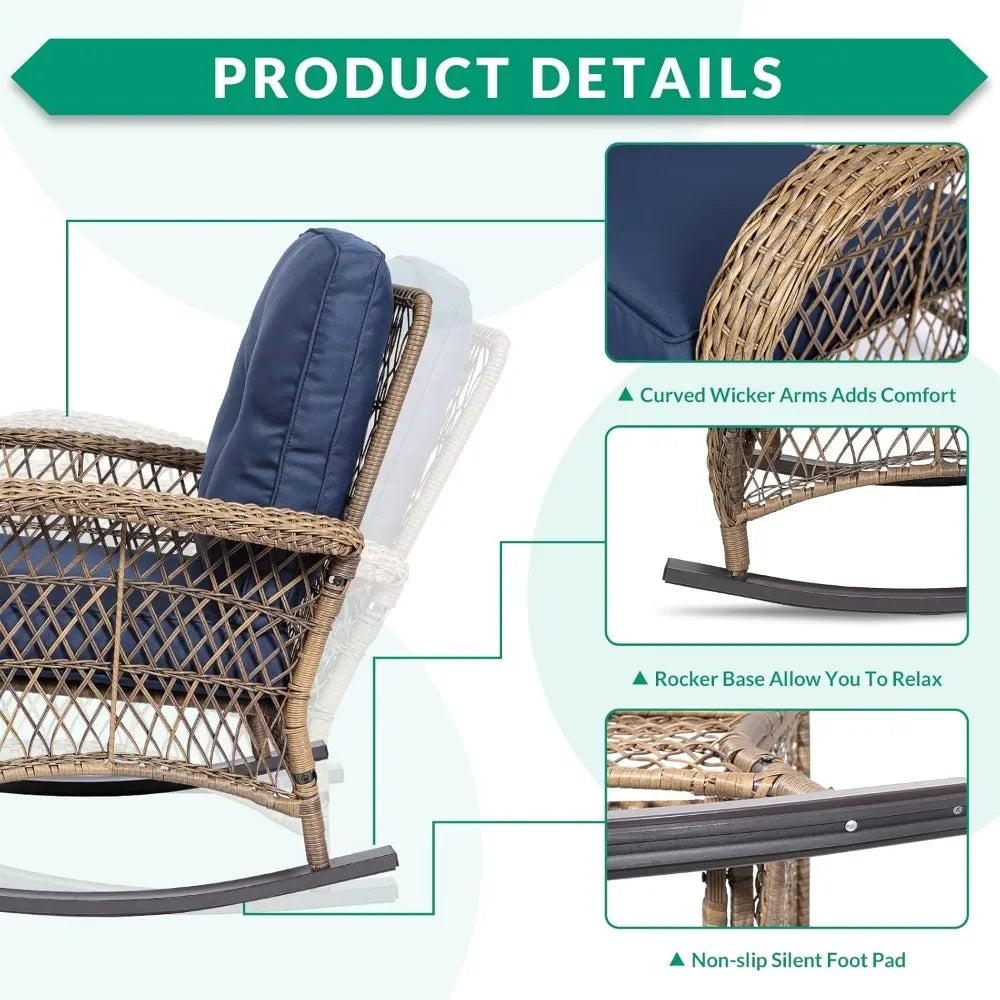 3-piece 2 rattan/wicker rocking chairs, cushions, glass table