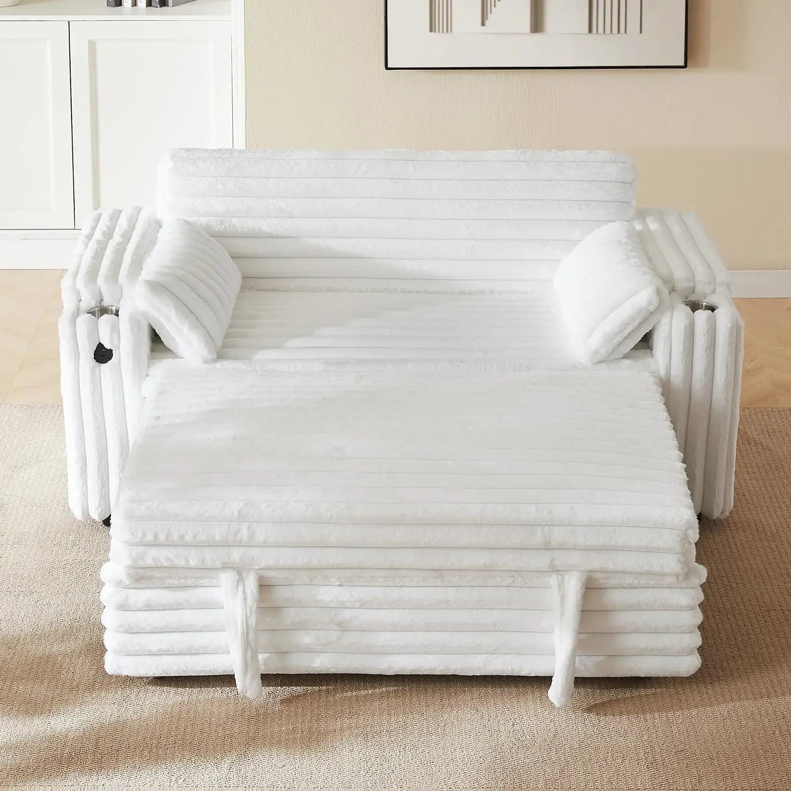 65'' 3-in-1 Folding, Pullout, Convertible Sofa Bed, 360° Swivel Side Table