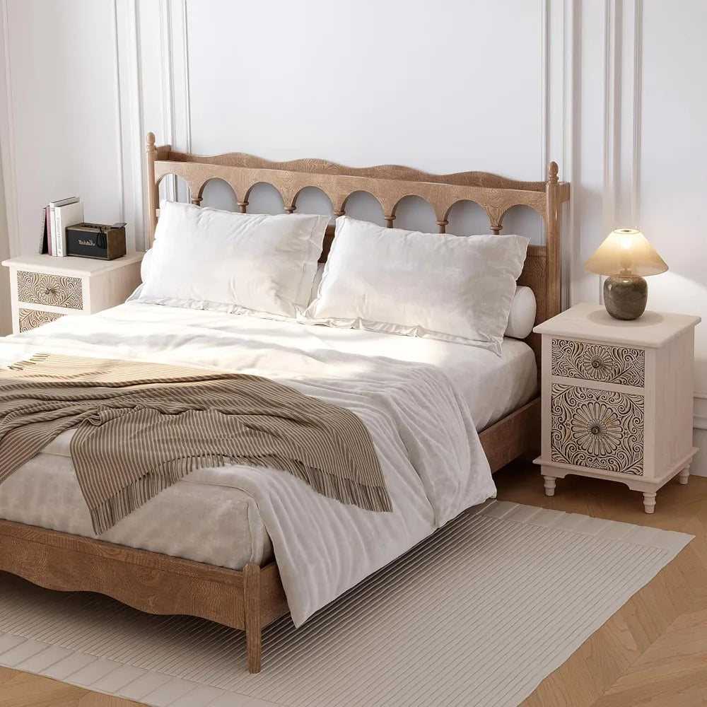 White Nightstand 2-Drawer & Storage Flower Motif