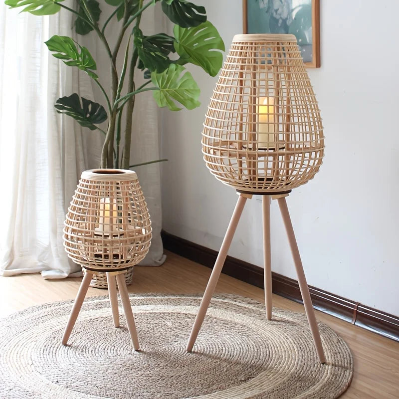 Hand-Woven Vine Lamp with Candle Holder – Rustic Floor Standing Lantern