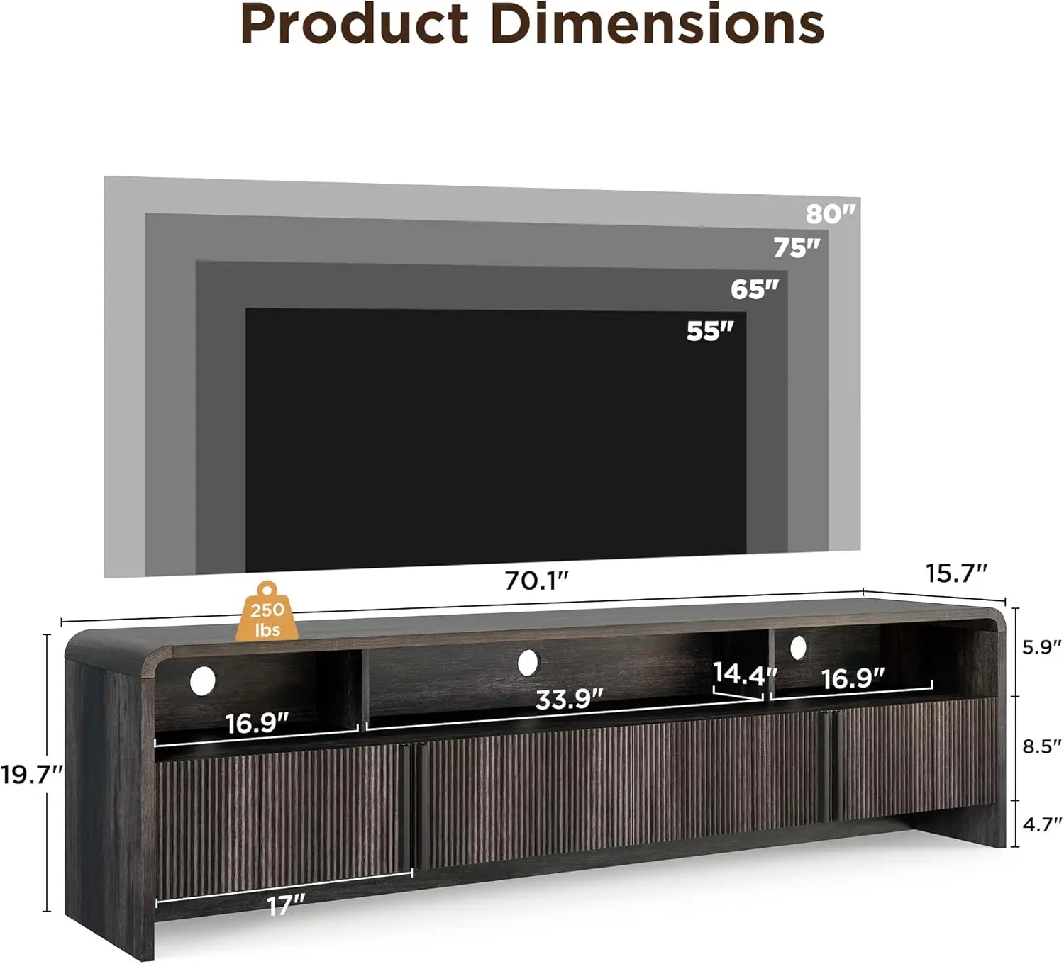 70IN Stand, Vertical Fluted Doors, 2 cabinets, 3 Open Compartments