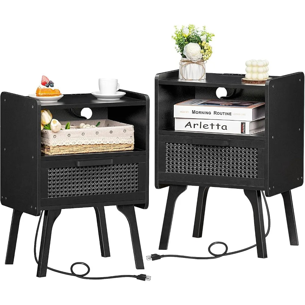 Rattan Nightstands Set of 2, Charging Station, Drawer, Solid Wood Legs