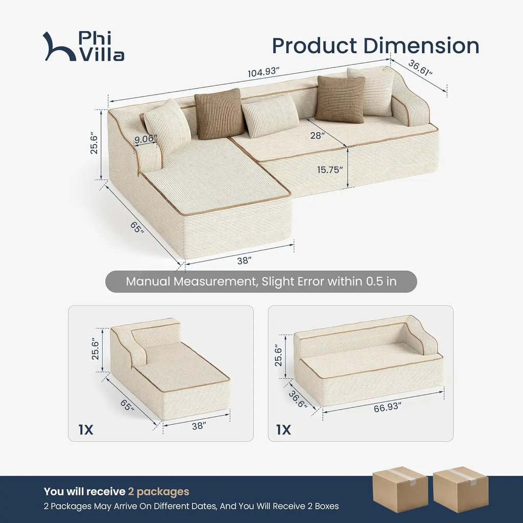 104IN Cloud Sectional Sofa, L-Shaped, Deep Seats, Compressed Couch