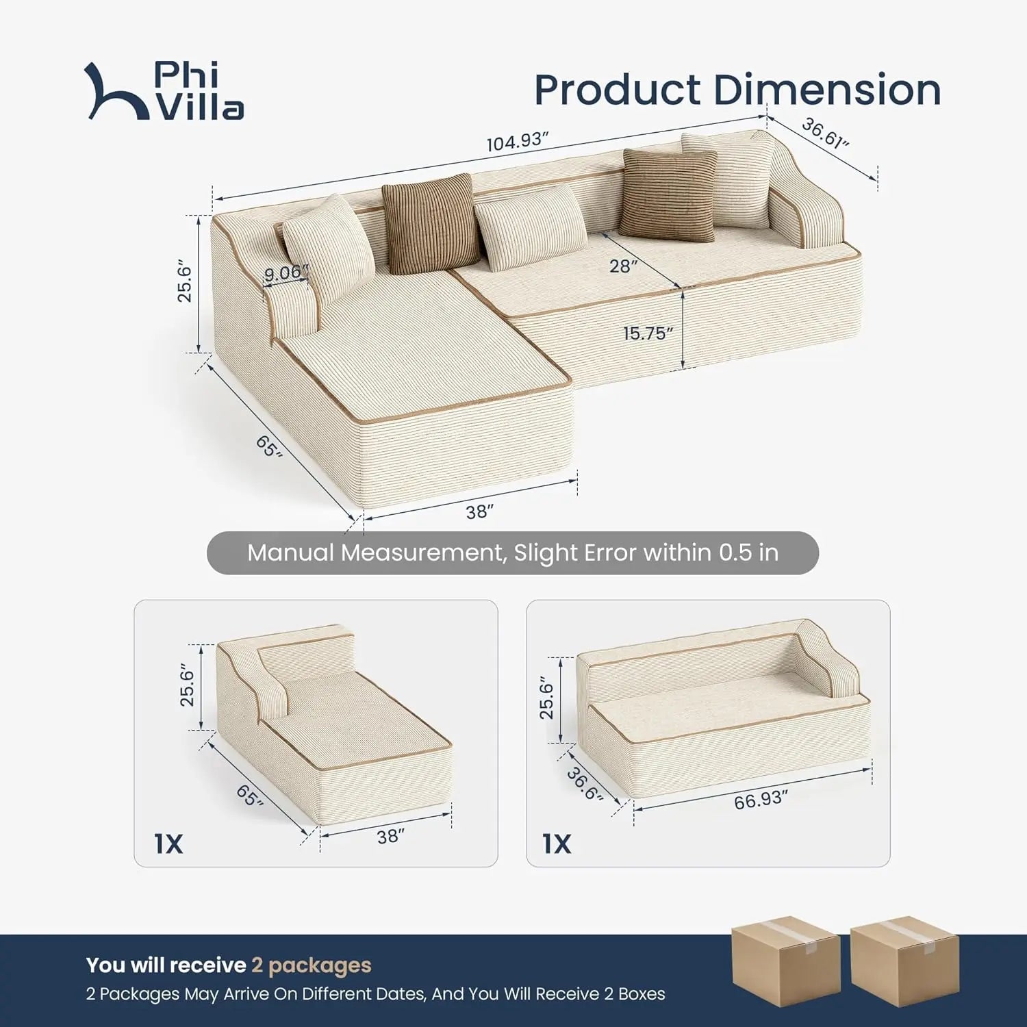 104IN Cloud Sectional Sofa, L-Shaped, Deep Seats, Compressed Couch