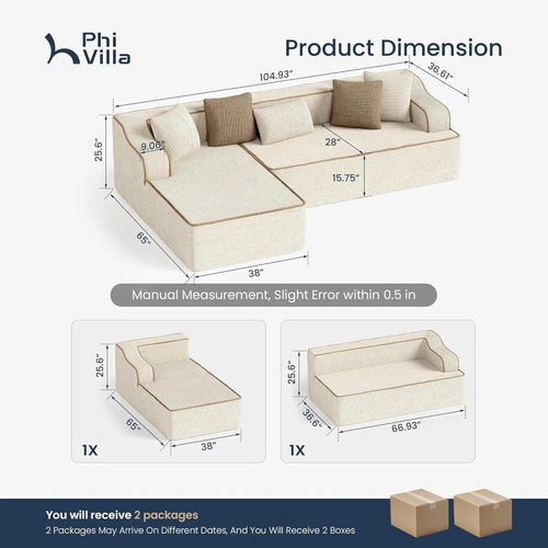 104IN Cloud Sectional Sofa, L-Shaped, Deep Seats, Compressed Couch