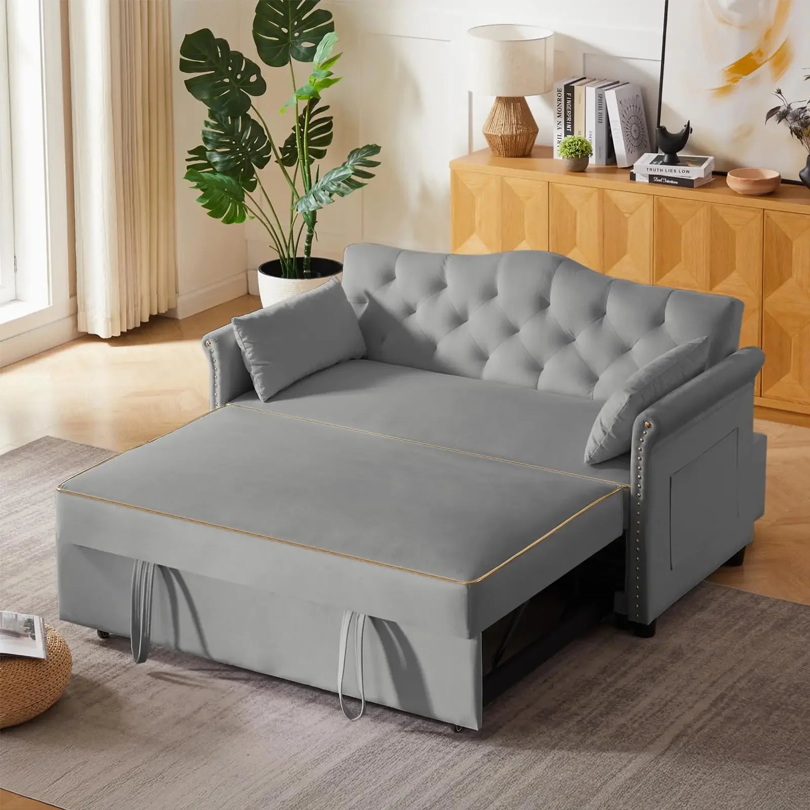 65'' 3-in-1 Folding, Pullout, Convertible Sofa Bed, 360° Swivel Side Table