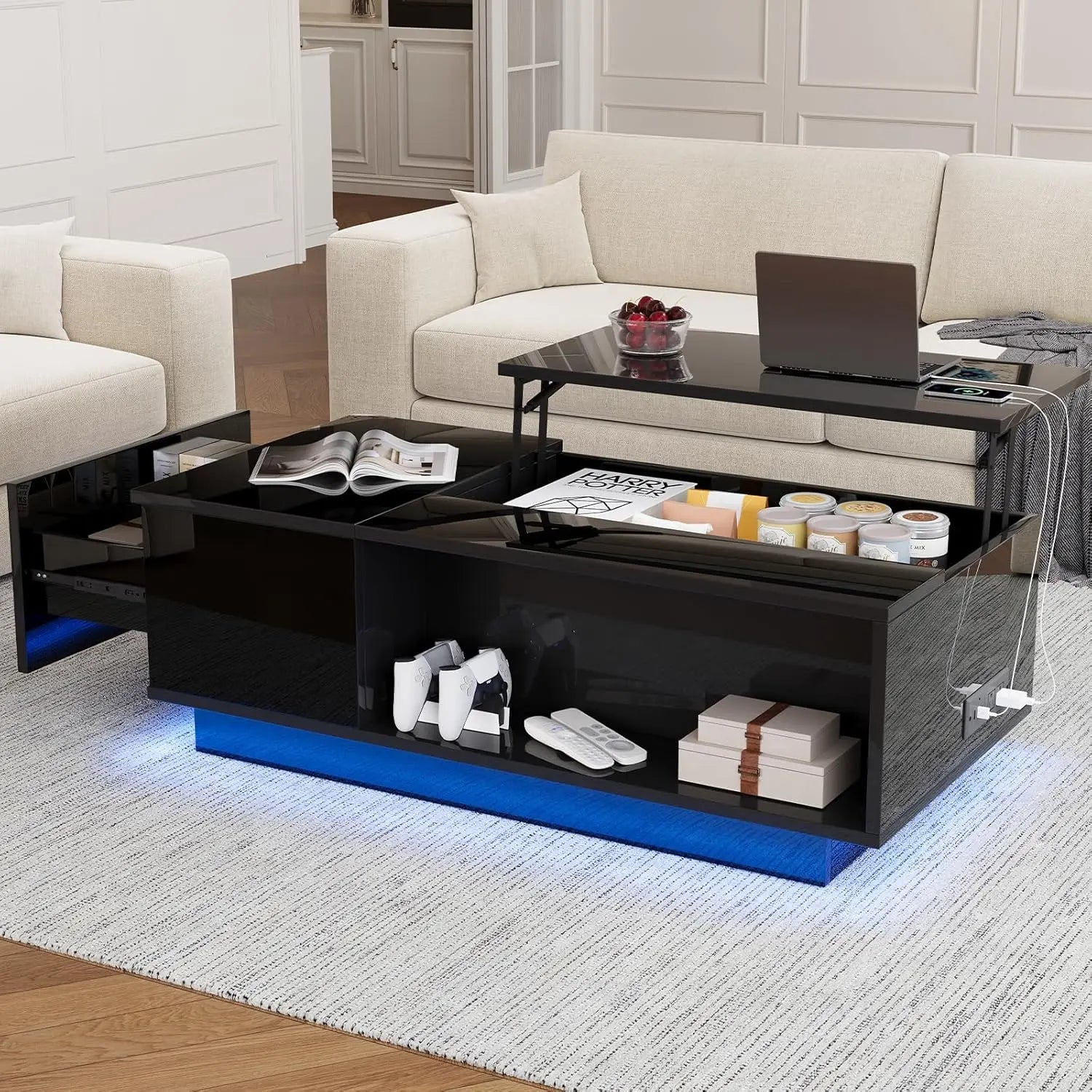 47" LED Coffee Table Lift Top Hidden Storage High Gloss