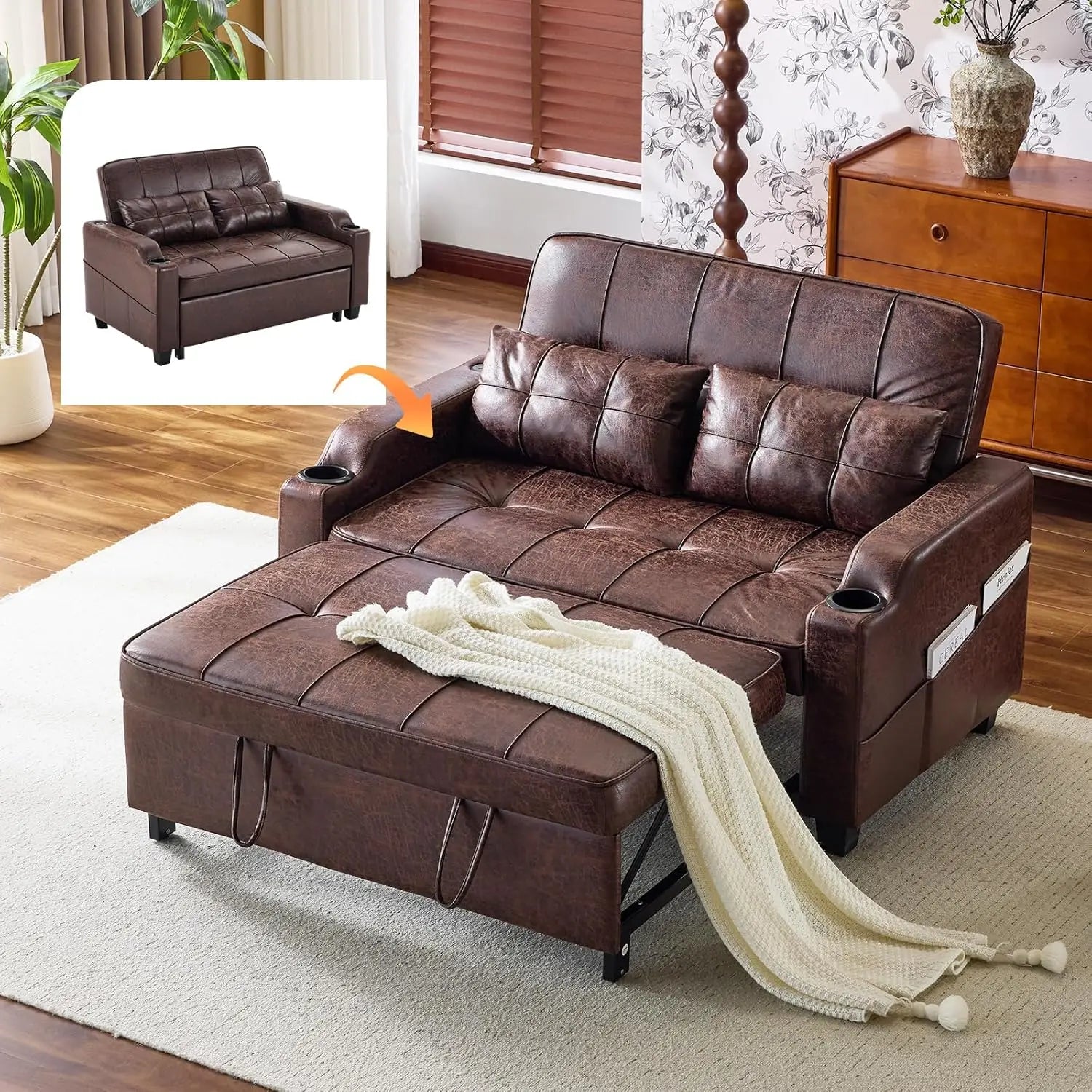 Rustic Futon Convertible Loveseat Sleeper Sofa Couch, Pullout USB Ports