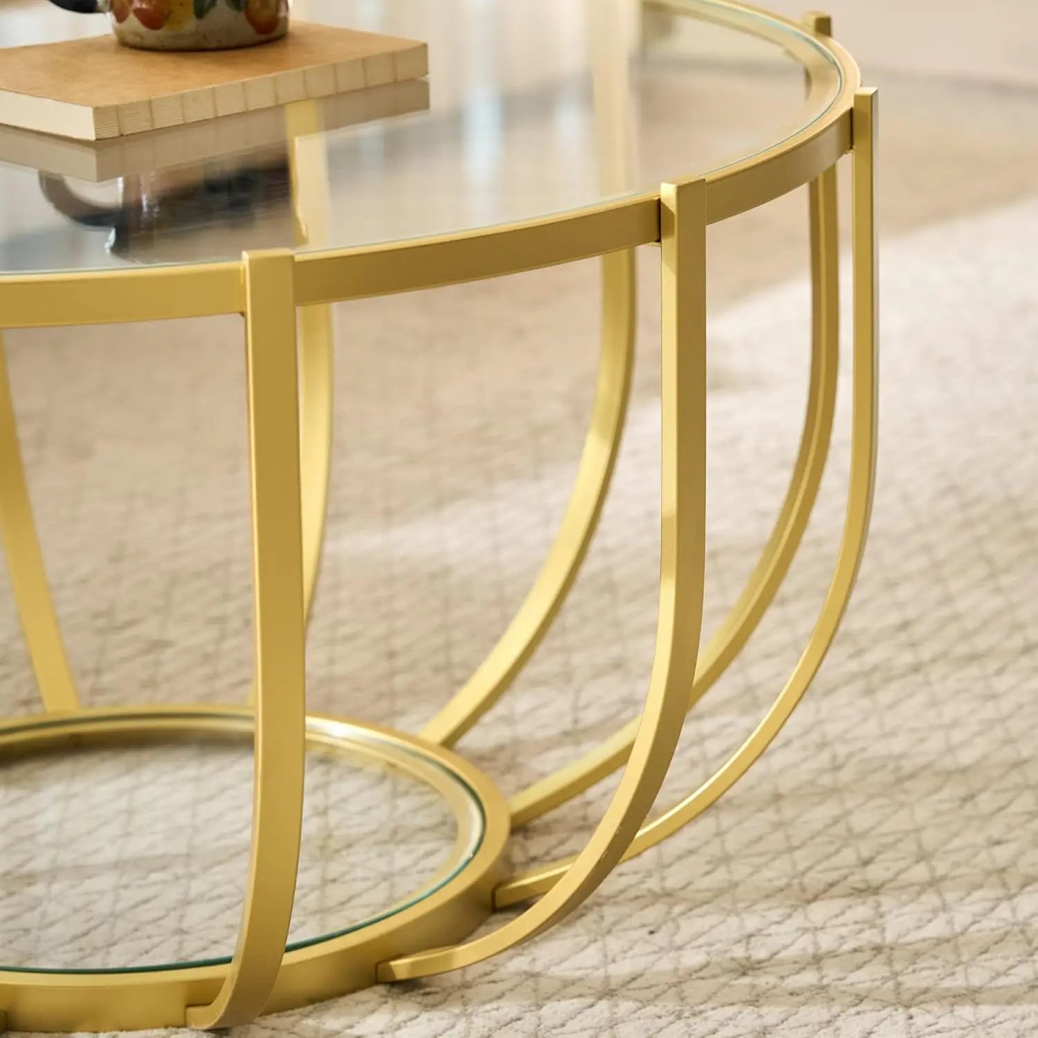 Gold Drum Coffee Table, 2-Tier Tempered Glass Round Center Table, Tinted Glass Top