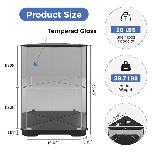 2-Tier Corner Display Cabinet Glass Doors, 3-Color LED Lights Charging Station