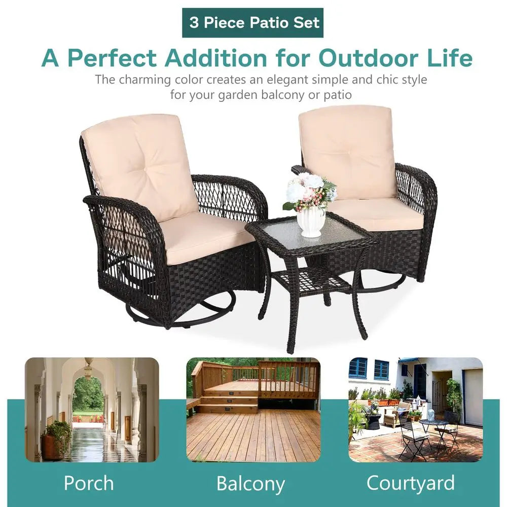 3-Piece Wicker Swivel Rocker Patio Set, Thickened Cushion, Glass Top Table
