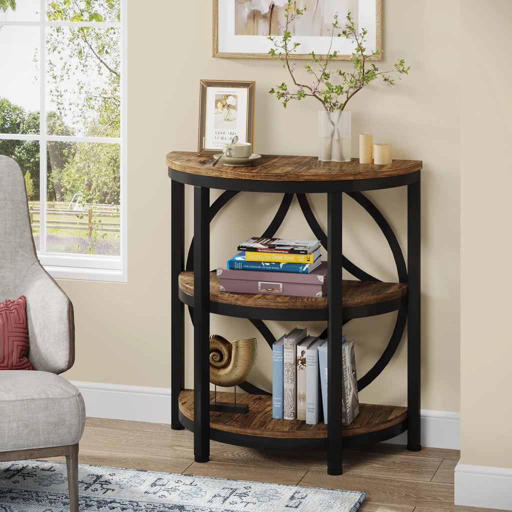 3-Tier Half Side Industrial Table, Metal Frame, Storage