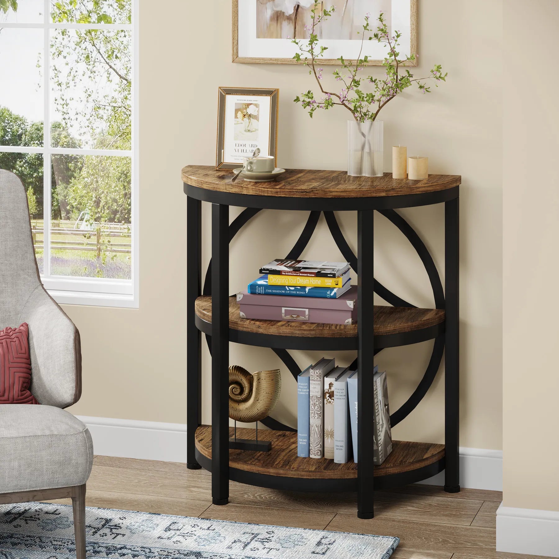 3-Tier Half Side Industrial Table, Metal Frame, Storage