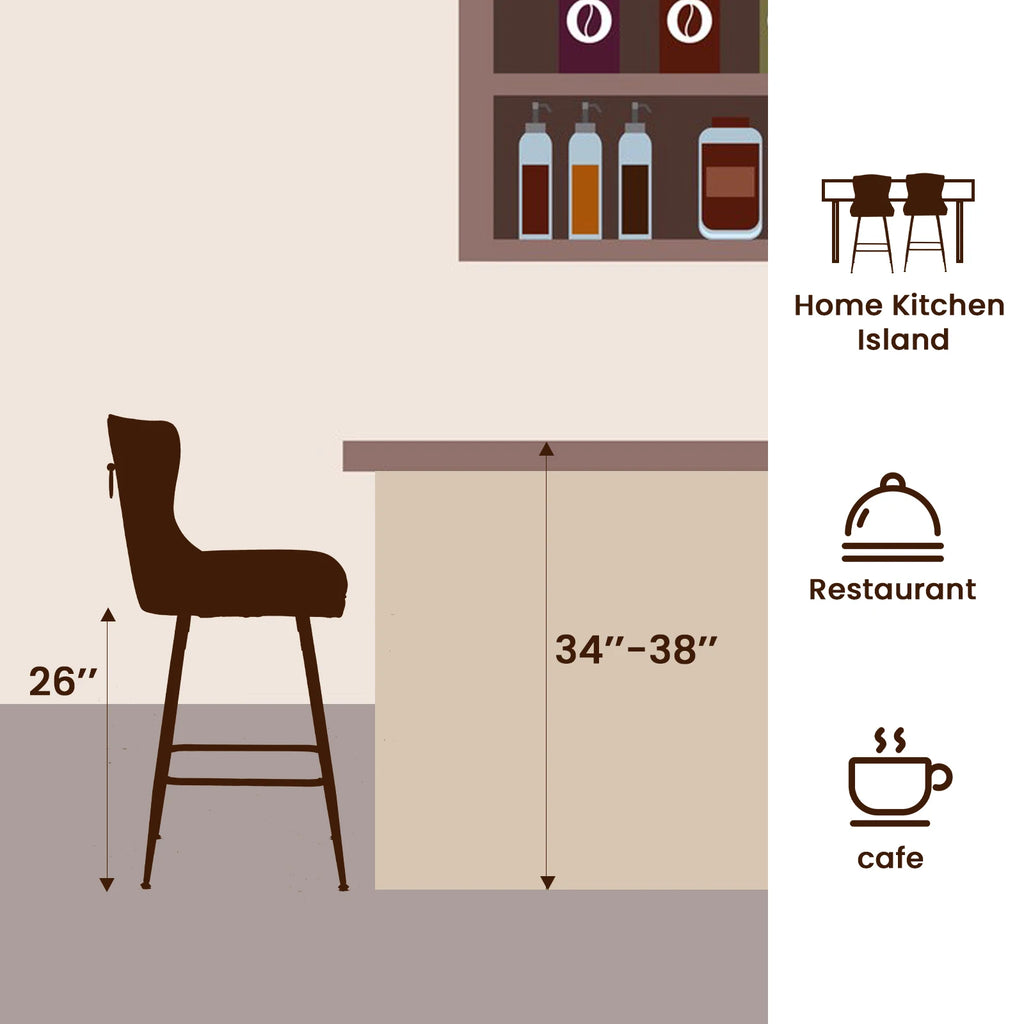 2-Set Bar Stools, Counter Height, Metal Legs, Button Tufted, Nail Heads