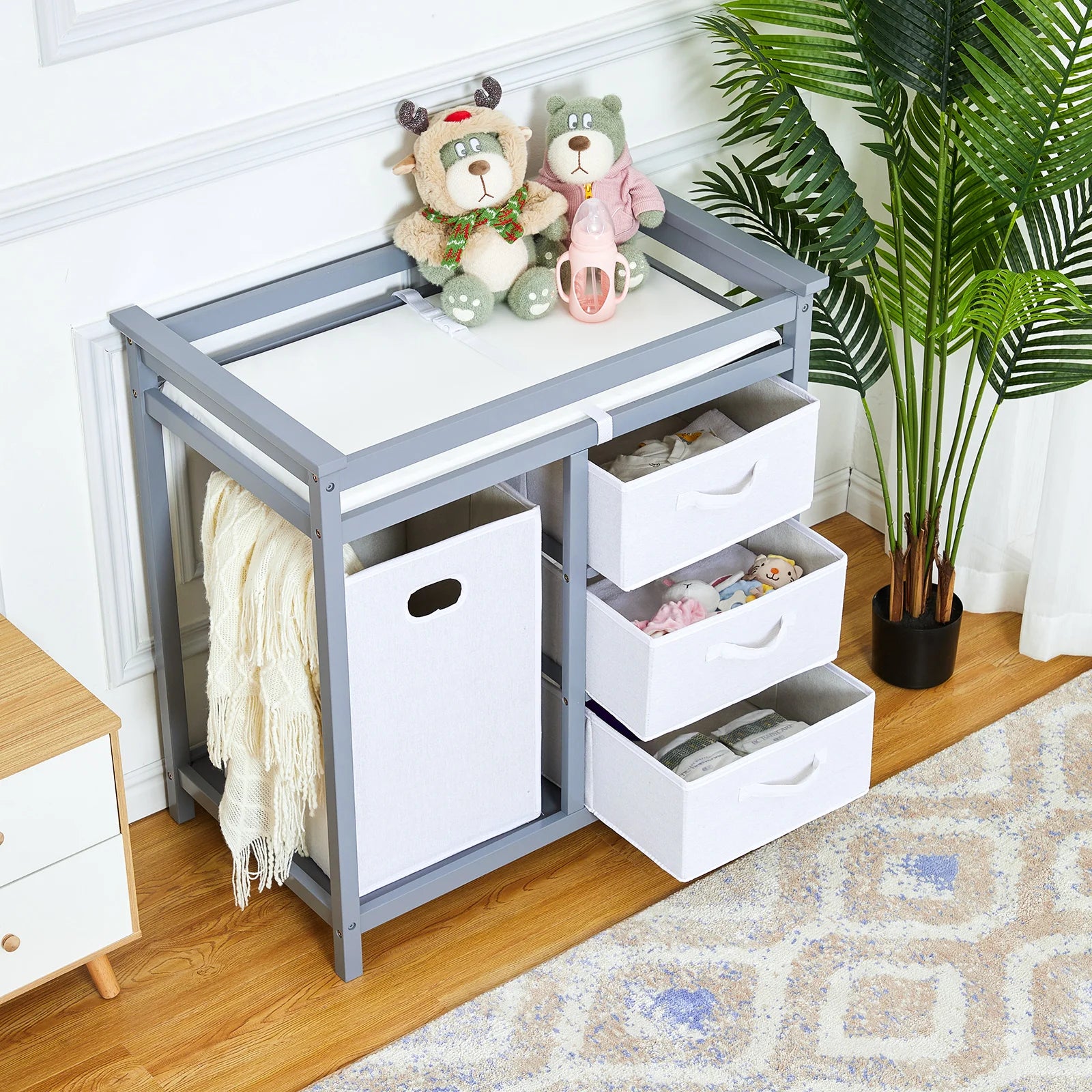 StrollerWooden Baby Changing Table, Wooden Infant Diaper Changing Station Dresser with Laundry Hamper, 3 Drawer Basket and Chang