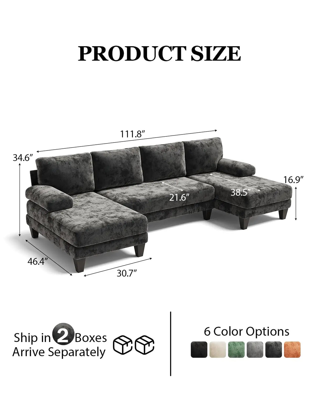U-Shaped Sectional Couch | Chenille Sofa Double Chaise | 112IN