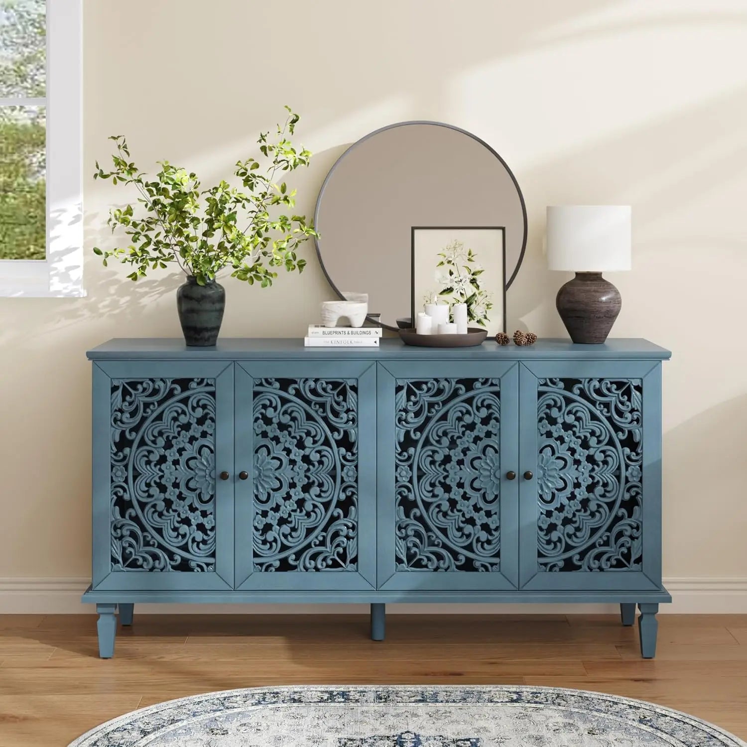 60" Blue Sideboard Buffet 4-Door Hollow Storage Shelf Vintage Console