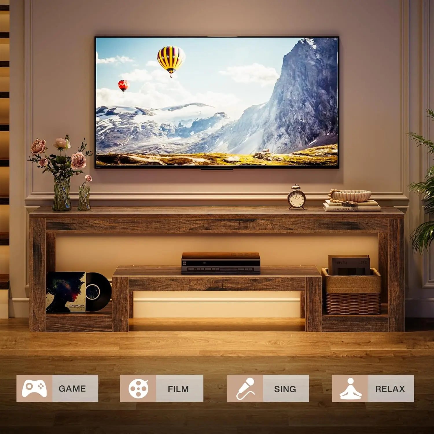 63IN Wood TV Stand Entertainment Center Open Storage Shelves