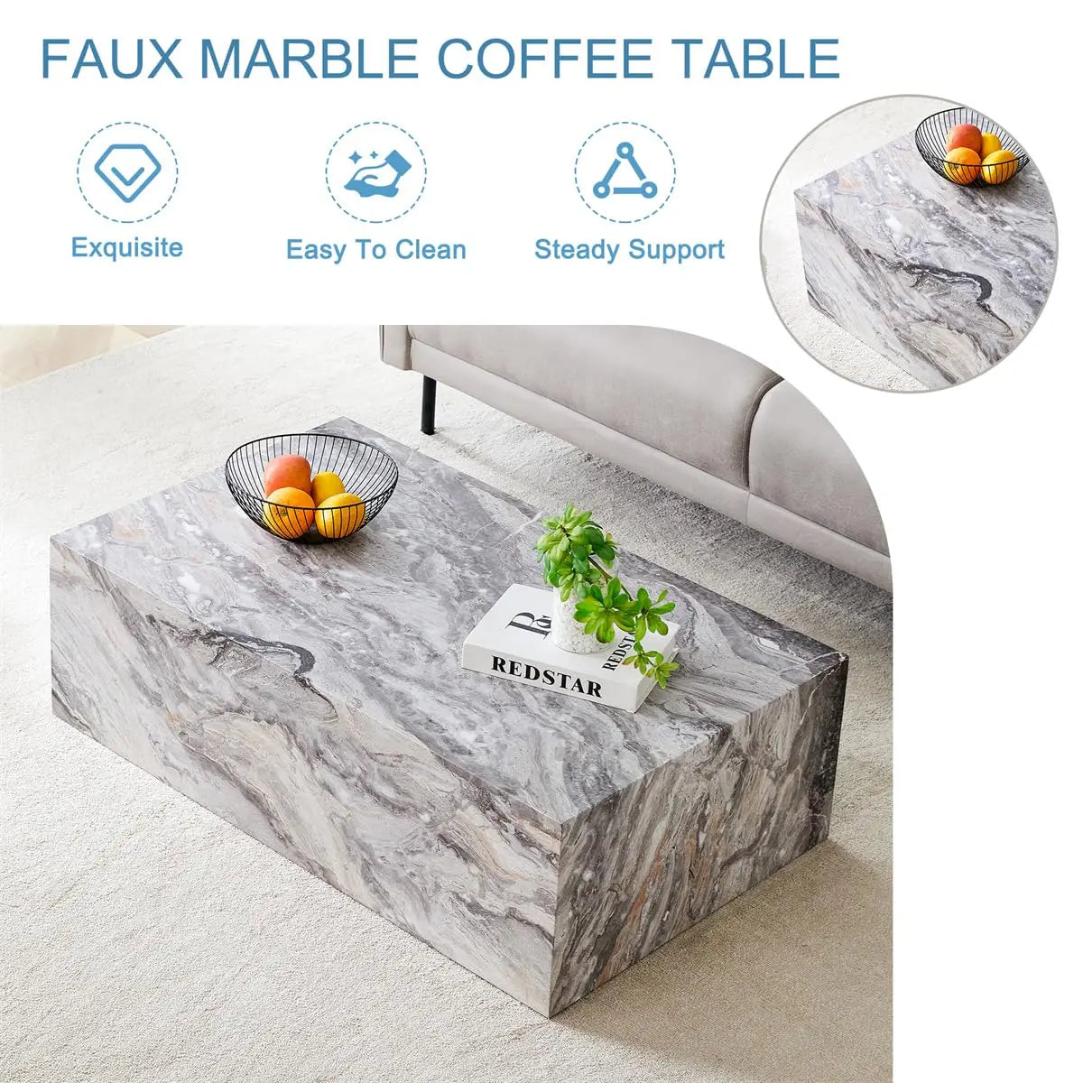Coffee Table, Modern Faux Marble Table