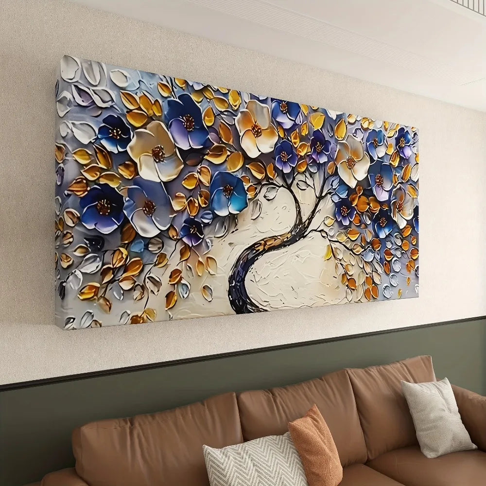 Large abstract Floral tree canvas - Blue textured, 1.5" wood frame