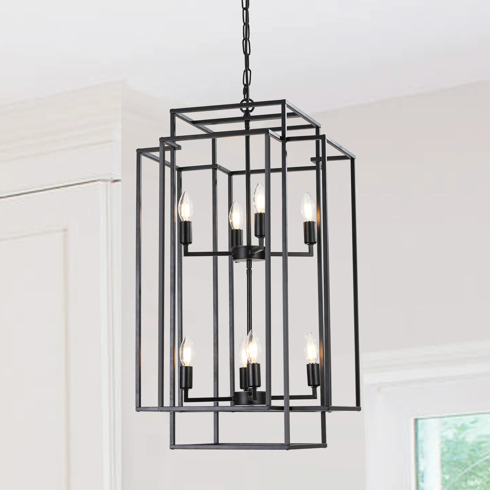 Chandelier, 8-Light Metal Cage Pendant Lighting Fixture