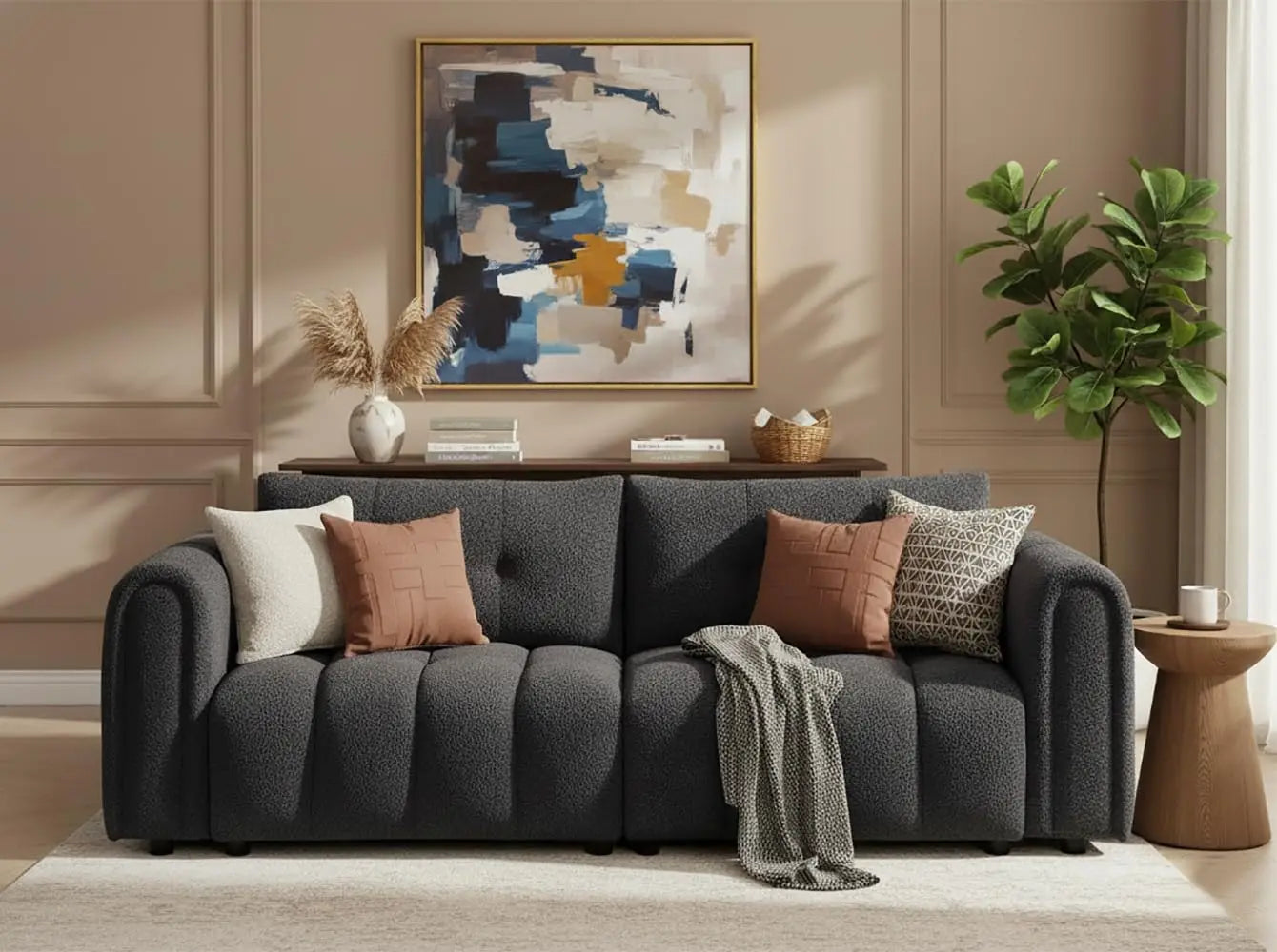 91.5" W Cloud Boucle Sofa, Rolled Arms Soft Pillows, Teddy