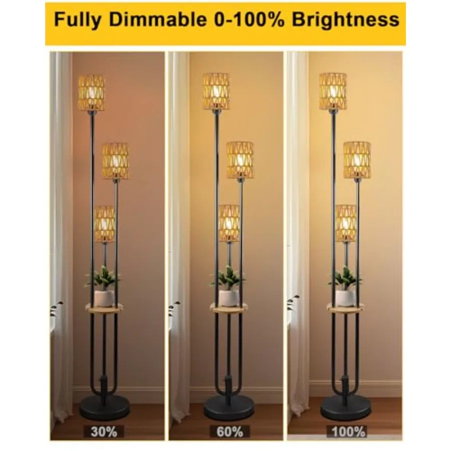 Dimmable Boho Floor Lamps, 3-Lights Rattan Floor Lamp w/Shelves, Black Stand