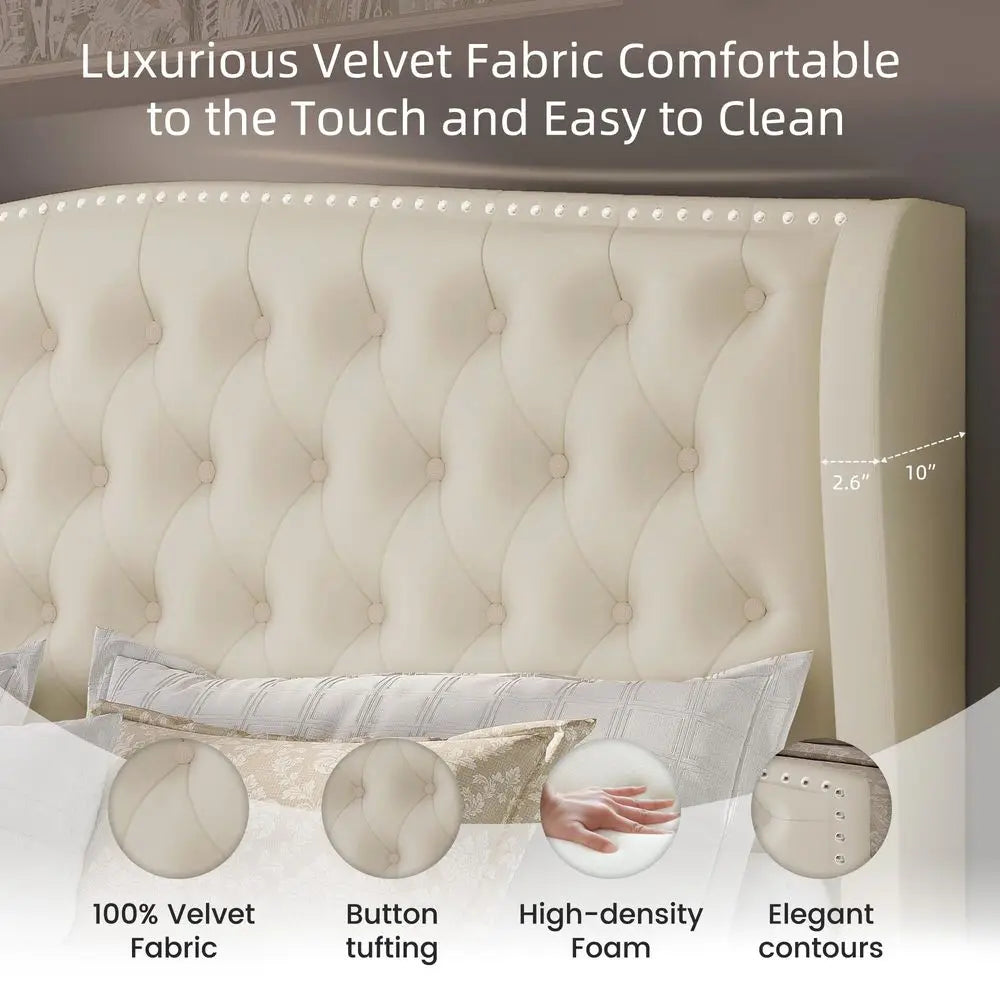 Queen Size Frame Velvet Beige Tufted/Deep Button Platform Wingback Headboard, Footboard