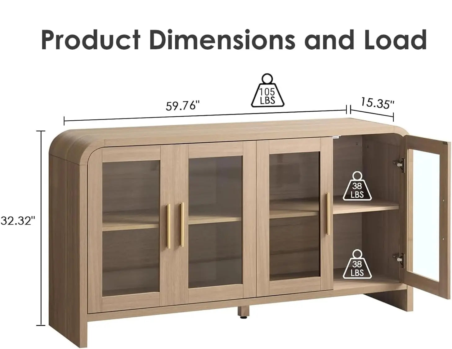 59" Sideboard Buffet Cabinet Storage, Adjustable Shelves 4 Glass Doors