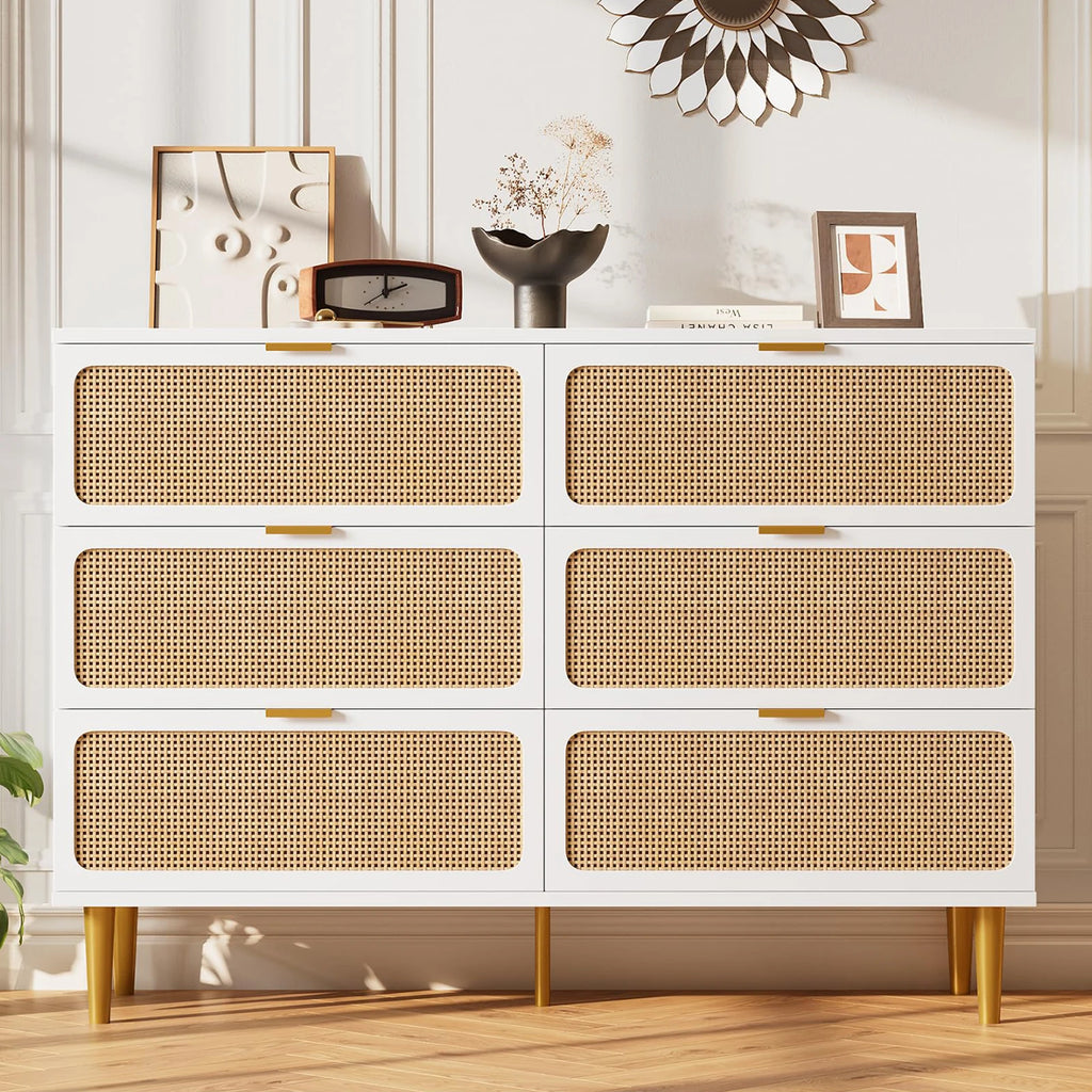 6-Drawer Hand Woven Rattan/Wood Dresser, Natural Deep Drawers
