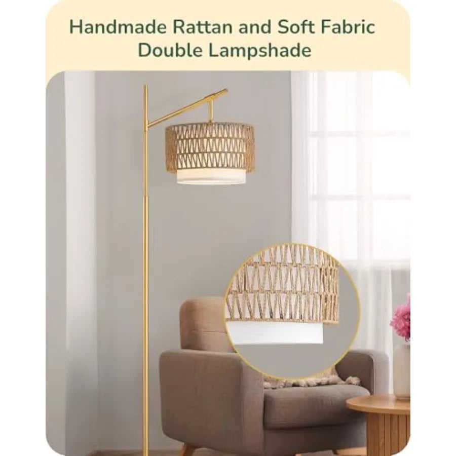 Rattan Arc Floor Lamp, Remote, Fabric Dual Shades, Dimmable LED B