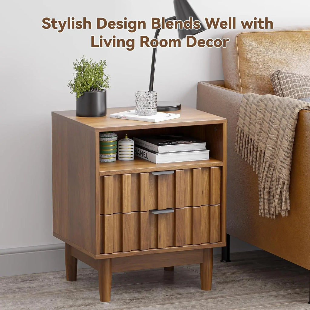 Fluted Nightstand 2-Drawers, 19" Wide Solid Wood Legs, Open Shelf