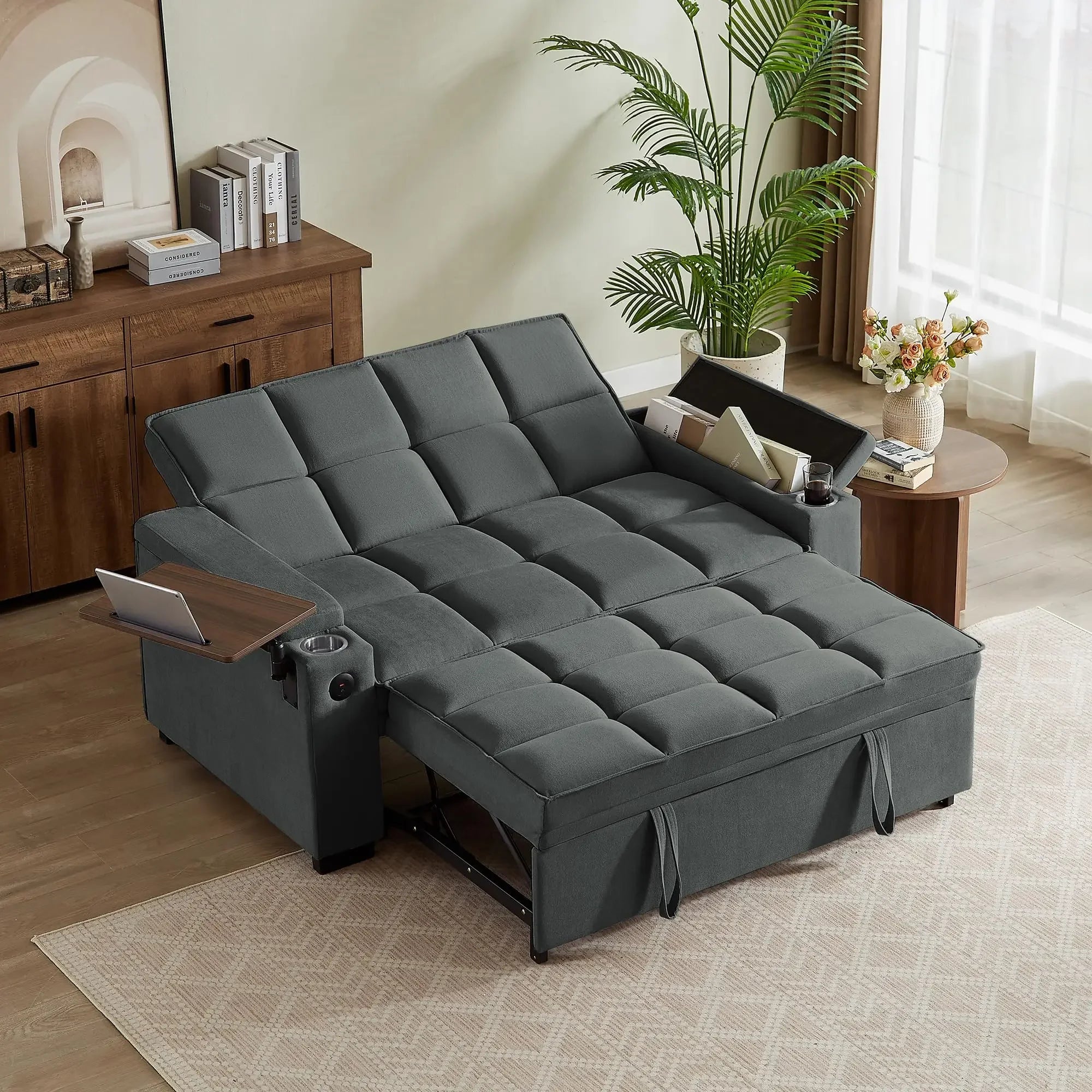 65'' 3-in-1 Folding, Pullout, Convertible Sofa Bed, 360° Swivel Side Table